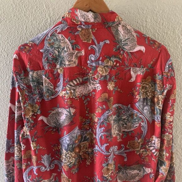 Hunt Club Women's Medium Red Nature Themed Collared Long Sleeve Button Up Top - Picture 14 of 16